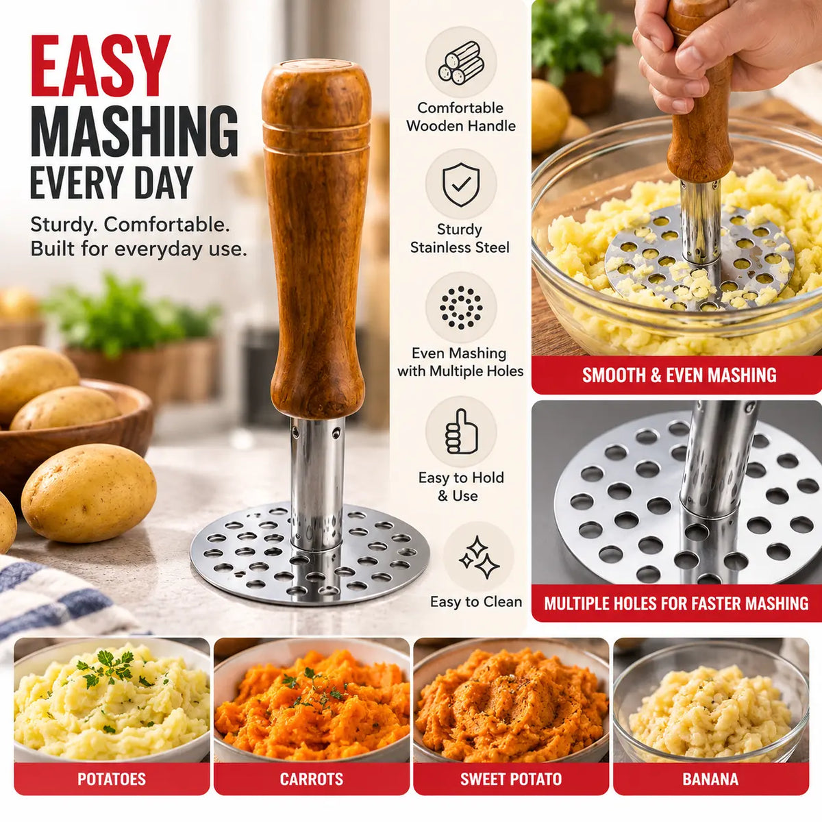 Stainless Steel Potato & Vegetable Masher for Pav Bhaji