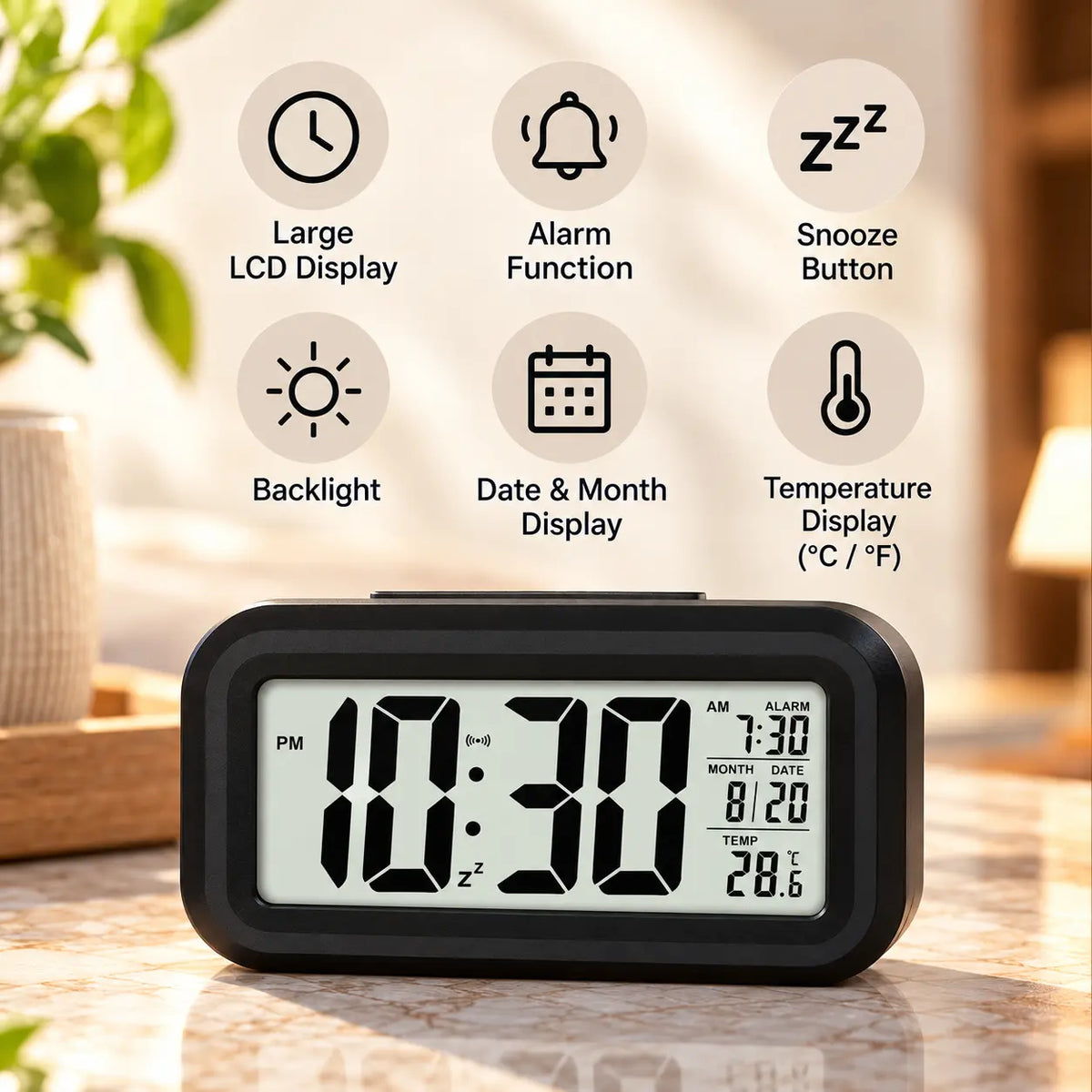 Digital Alarm Clock with Large LCD Display