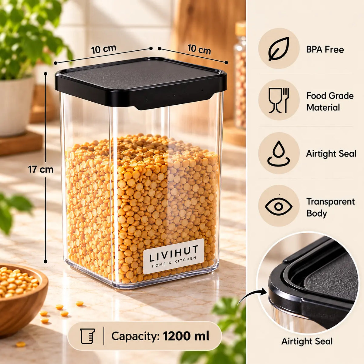 1200 ml Airtight Kitchen Storage Container Set of 6